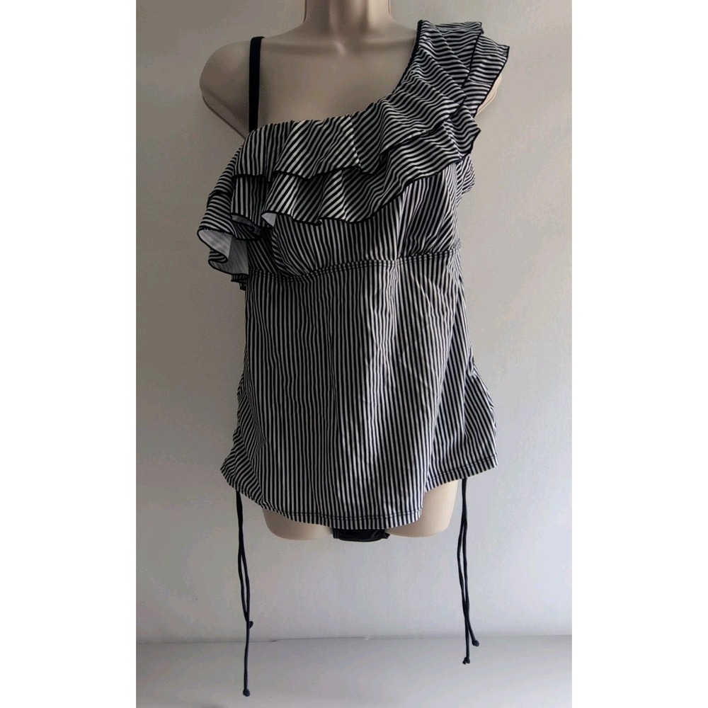Women's Ruffled One Shoulder  Striped Navy Blue White Swimsuit Sz L 2-Piece NWOT